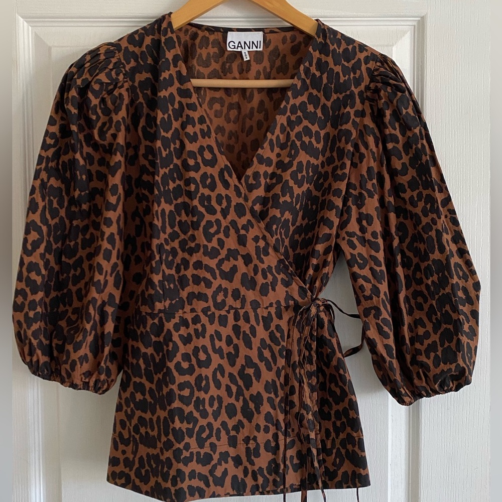 Ganni leopard balloon sleeve blouse